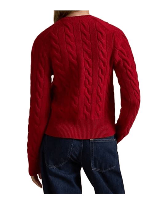 Cardigan da donna in misto lana e cashmere con lavorazione a trecce, girocollo, colore rosso POLO RALPH LAUREN | 211972104013